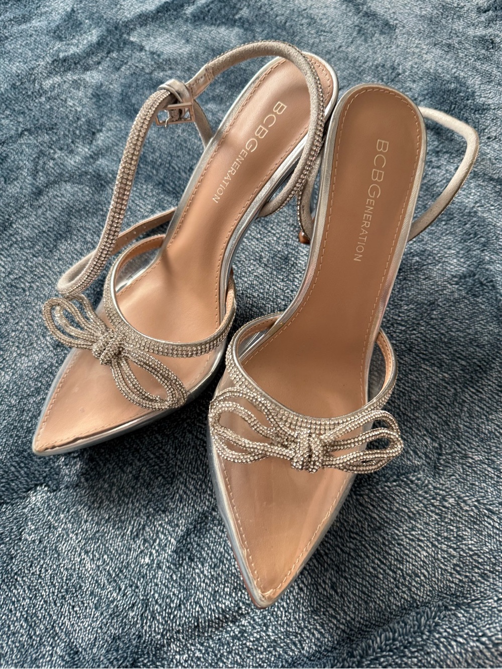 BCBGeneration Silver Crystal Bow Pointed-Toe Slingbacks